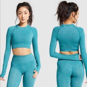 Gymshark adapt marl teal long sleeve cropped crewneck work out athleisure shirt